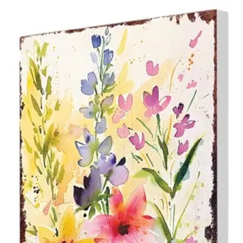 30" Green Pink White And Yellow Solid Wood Watercolor Floral Garden Stake