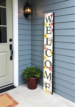 72" White Black And Pink Solid Wood Watercolor Floral Welcome Porch Sign