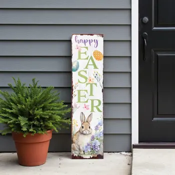 36" White Green And Purple Solid Wood Happy Easter Bunny Porch Sign