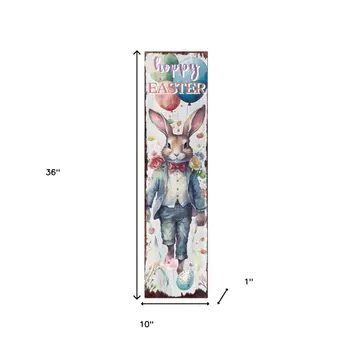 36" White And Blue Solid Wood Happy Easter Bunny Porch Sign