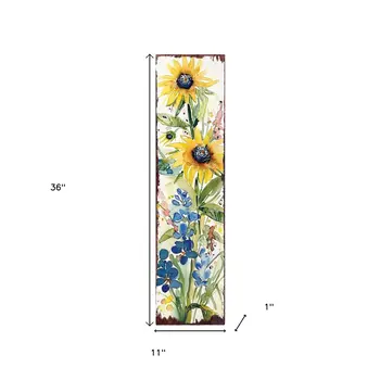 36" White Yellow And Blue Green Solid Wood Watercolor Floral Porch Sign