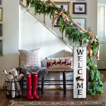 36" White Red And Black Solid Wood Welcome Christmas Reversible Porch Sign
