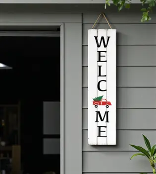 36" White Red And Black Solid Wood Welcome Christmas Reversible Porch Sign