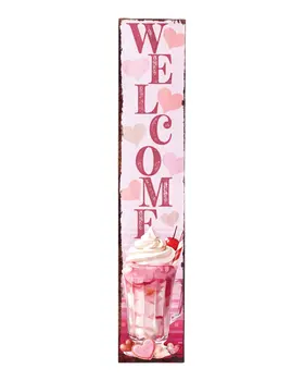 48" Pink Solid Wood Hearts Welcome Porch Sign
