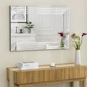 39" Silver Geo Lines Frameless Accent Mirror