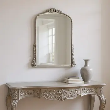 34" Silver Baroque Arch Ornate Framed Accent Mirror