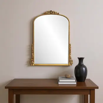 34" Antiqued Gold Wood Baroque Arch Framed Accent Mirror