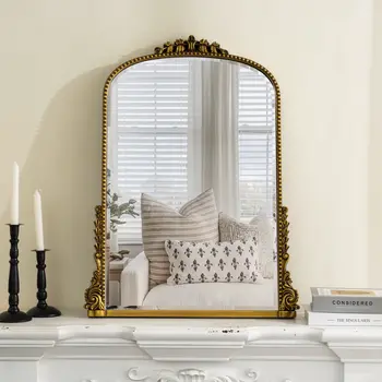 34" Antiqued Gold Wood Baroque Arch Framed Accent Mirror