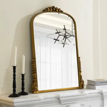 34" Antiqued Gold Wood Baroque Arch Framed Accent Mirror