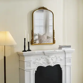 34" Antiqued Gold Wood Baroque Arch Framed Accent Mirror