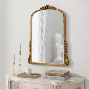 34" Antiqued Gold Wood Baroque Arch Framed Accent Mirror