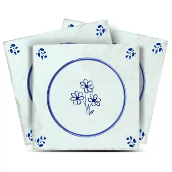 7" x 7" Blue Vinyl Arabesque Peel And Stick Removable Tiles