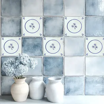7" x 7" Blue Vinyl Arabesque Peel And Stick Removable Tiles