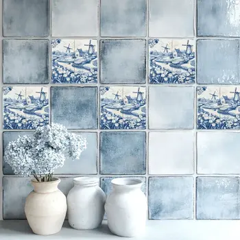 8" x 8" Blue Vinyl Arabesque Peel And Stick Removable Tiles