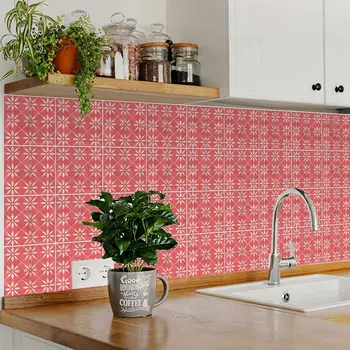 12" x 12" Red Vinyl Arabesque Peel And Stick Removable Tiles