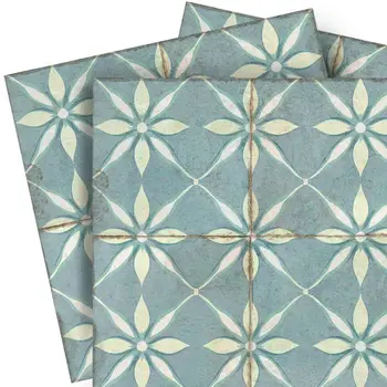 6" x 6" Blue Vinyl Arabesque Peel And Stick Removable Tiles
