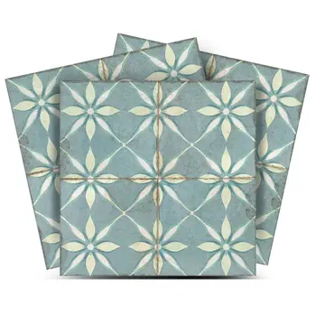6" x 6" Blue Vinyl Arabesque Peel And Stick Removable Tiles