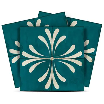 5" x 5" Blue Vinyl Arabesque Peel And Stick Removable Tiles