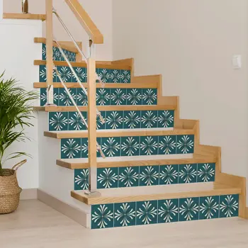 7" x 7" Blue Vinyl Arabesque Peel And Stick Removable Tiles