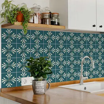 12" x 12" Blue Vinyl Arabesque Peel And Stick Removable Tiles