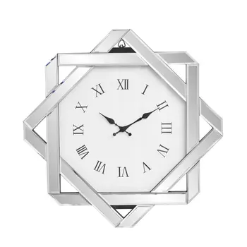 26" Silver Mirrored Glass Silent Analog Geometric Wall Clock