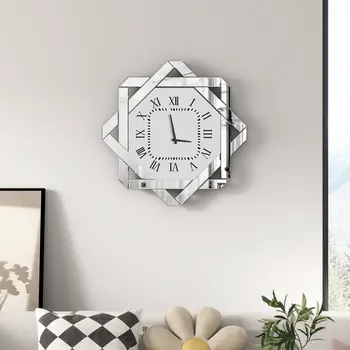 26" Silver Mirrored Glass Silent Analog Geometric Wall Clock