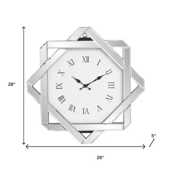 26" Silver Mirrored Glass Silent Analog Geometric Wall Clock