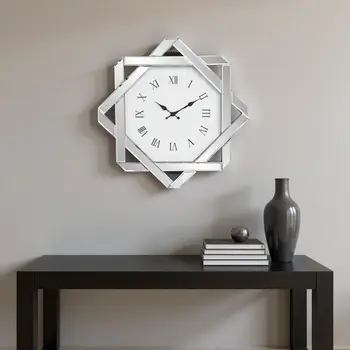 26" Silver Mirrored Glass Silent Analog Geometric Wall Clock