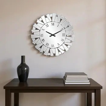 27" Silver Mirrored Glass Silent Analog Sunburst Wall Clock
