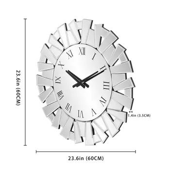 27" Silver Mirrored Glass Silent Analog Sunburst Wall Clock
