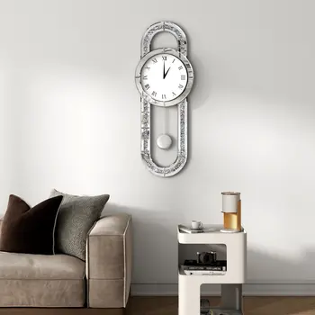 15" Silver Faux Crystal And Mirrored Glass Silent Analog Oval Wall Clock