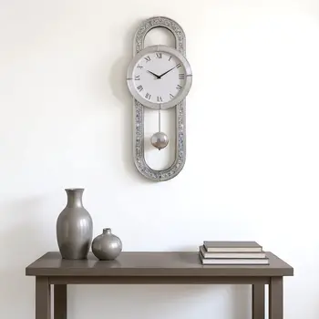 15" Silver Faux Crystal And Mirrored Glass Silent Analog Oval Wall Clock