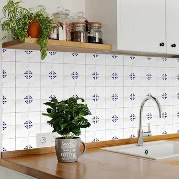 4" x 4" Blue Vinyl Arabesque Peel And Stick Removable Tiles