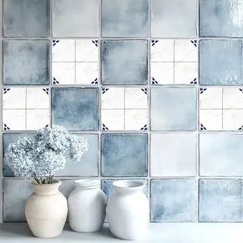 8" x 8" Blue Vinyl Arabesque Peel And Stick Removable Tiles