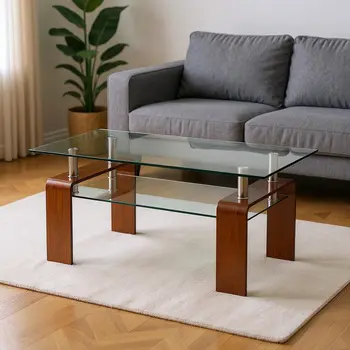 39" Clear and Brown Glass Coffee Table With Shelf