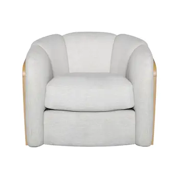 34" Off White and Natural Fabric Wood And Rattan Swivel Arm Chair