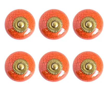 Set of Six Coral And Gold Ceramic Drawer Pull Knobs