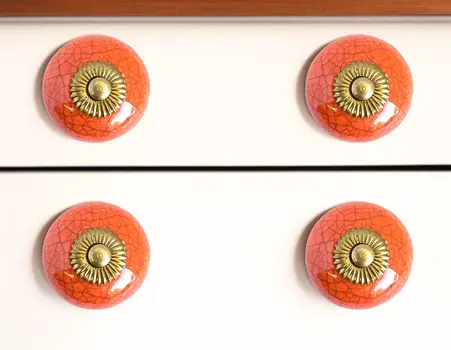 Set of Six Coral And Gold Ceramic Drawer Pull Knobs