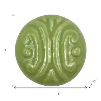 Set of Six Green Embossed Ceramic Drawer Pull Knobs