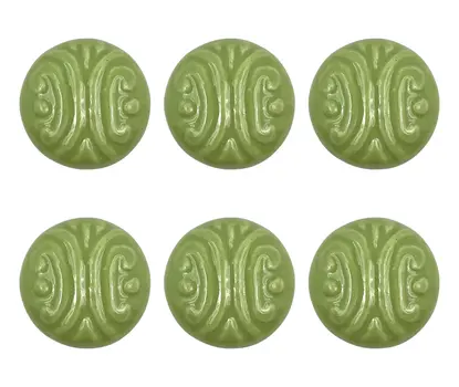 Set of Six Green Embossed Ceramic Drawer Pull Knobs
