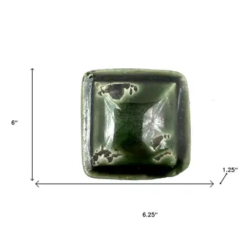 Set of Six Distressed Green Ceramic Square Drawer Pull Knobs