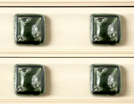 Set of Six Distressed Green Ceramic Square Drawer Pull Knobs
