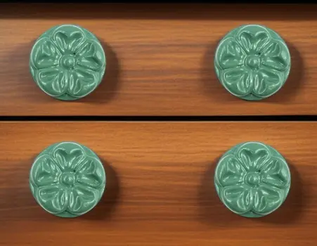 Set of Six Green Embossed Floral Ceramic Drawer Pull Knobs