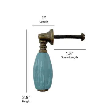Set of Six Aqua And Brown Ribbed Ceramic Drawer Pull Knobs