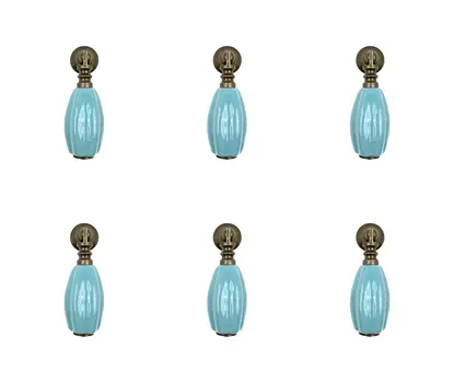 Set of Six Aqua And Brown Ribbed Ceramic Drawer Pull Knobs