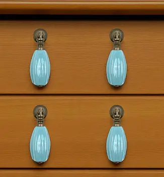 Set of Six Aqua And Brown Ribbed Ceramic Drawer Pull Knobs