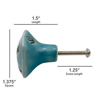 Set of Six Distressed Teal Ceramic Square Drawer Pull Knobs