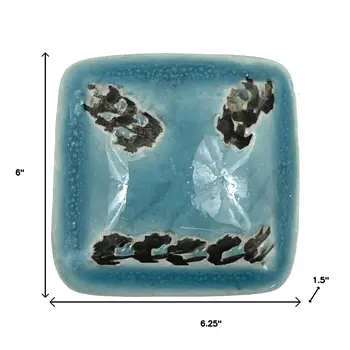 Set of Six Distressed Teal Ceramic Square Drawer Pull Knobs