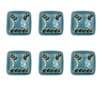 Set of Six Distressed Teal Ceramic Square Drawer Pull Knobs