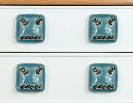 Set of Six Distressed Teal Ceramic Square Drawer Pull Knobs